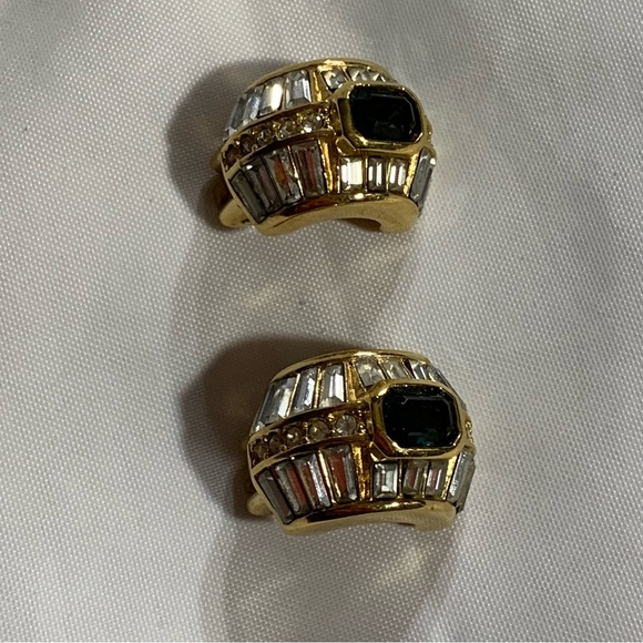 CHRISTIAN DIOR 14k gold plated Austrian crystal clear baguette blue emerald cut - Picture 15 of 16